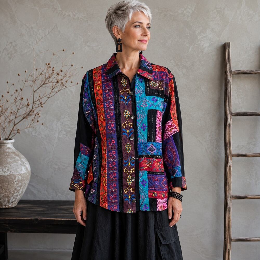 Chico's Multicolor Patch Sheer Stripe Embroidered Jacket 2